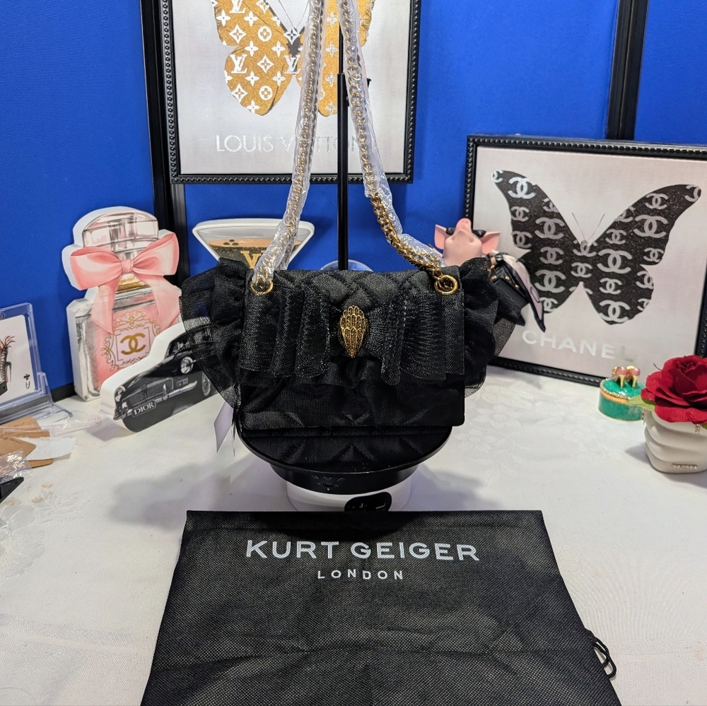 Kurt Geiger Black Ruffled Shoulder Bag With Tulle Ribbon And Bow🔥🔥